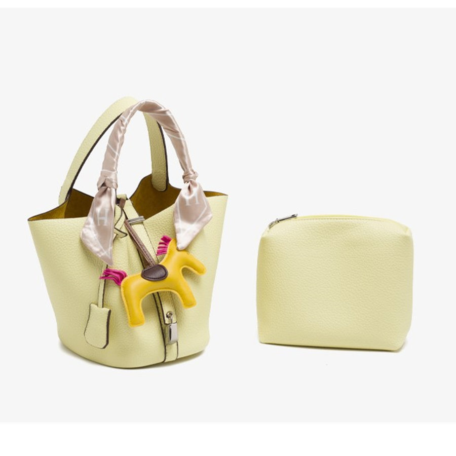 Bucket bag with lychee pattern pu simple style women tote handbag