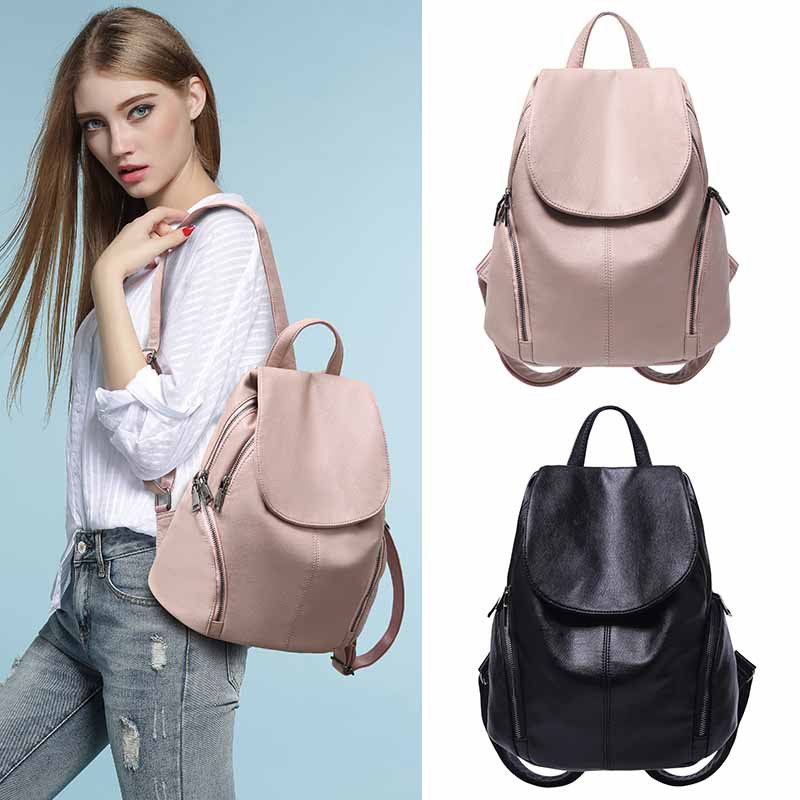 black backpack female bag Korean version of pure color leisure soft leather large capacity backpack