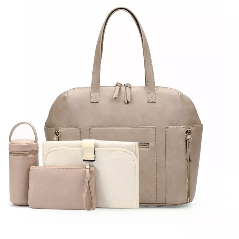 vegan leather diaper bag tote nappy bag maternity bag with changing pad, makeup bag, insulated pouch and stroller strap