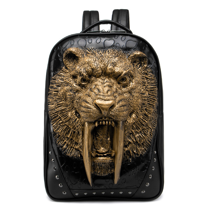 European style PU leather 3D leopard lion face animal school student shoulder laptop bag travel backpack